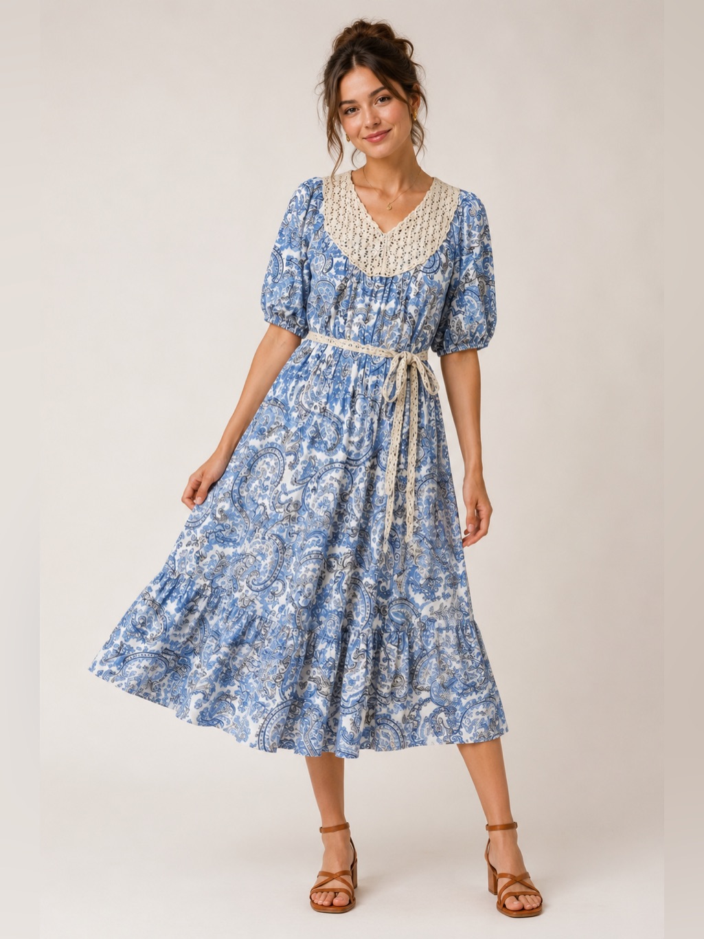 Lucky Brand Puff Sleeve V Neck Western Peasant Blue Paisley Midi Dress L Cottage